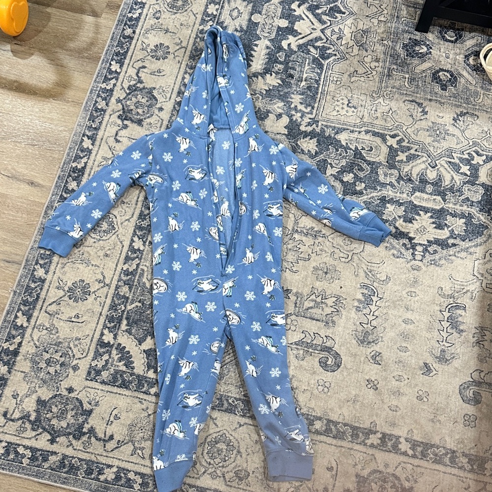 Blue Kids One Piece with White Patterns - polar bears hooded onesie open feet